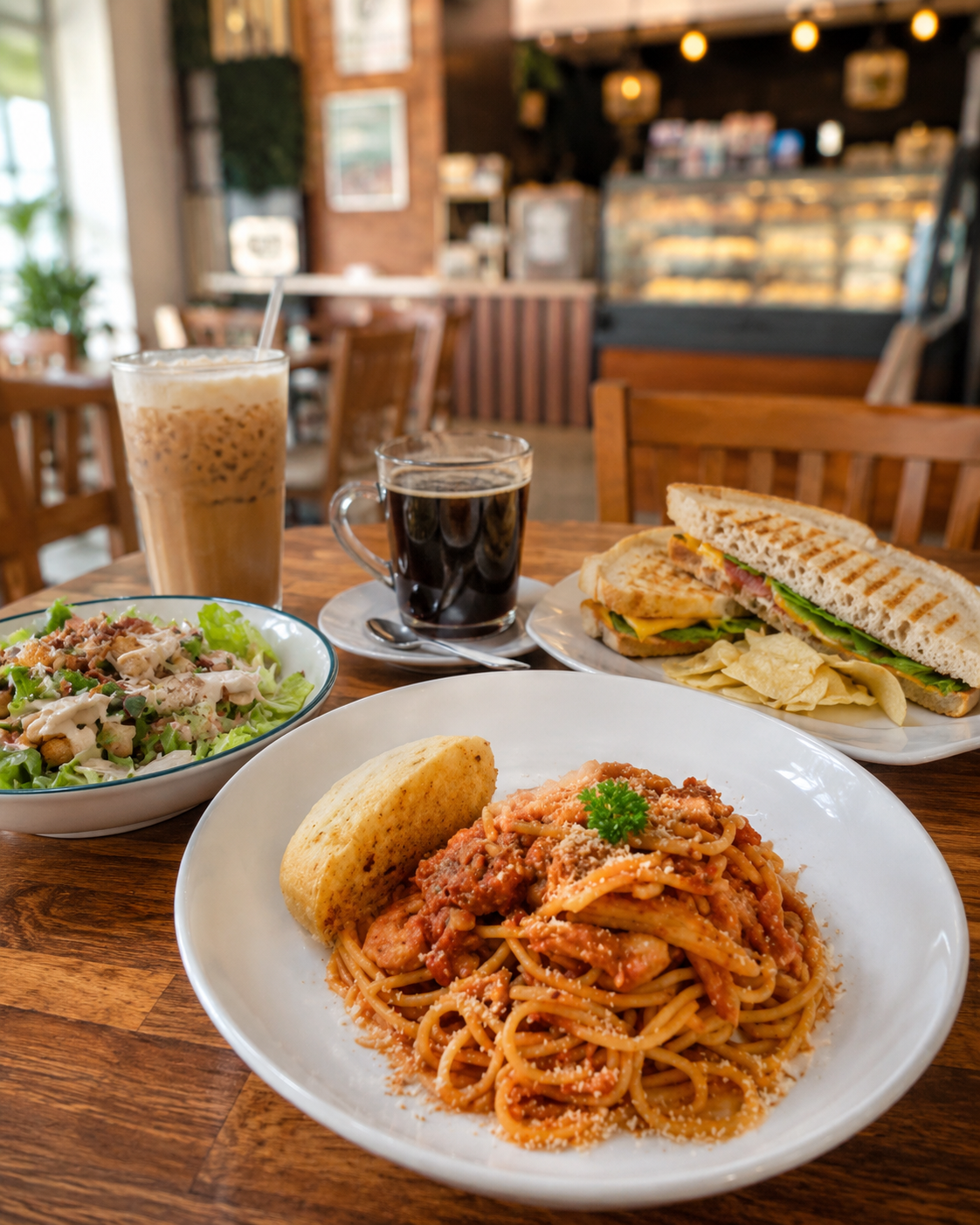 Seafood Marinara pasta with Caesar salad, grilled sandwich, iced coffee and black coffee at Annipie Davao