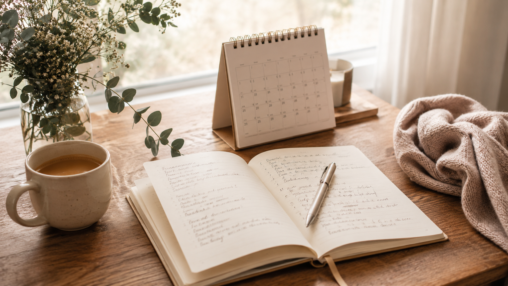 A journal and pen on a light wooden desk representing a personal mid-year reflection