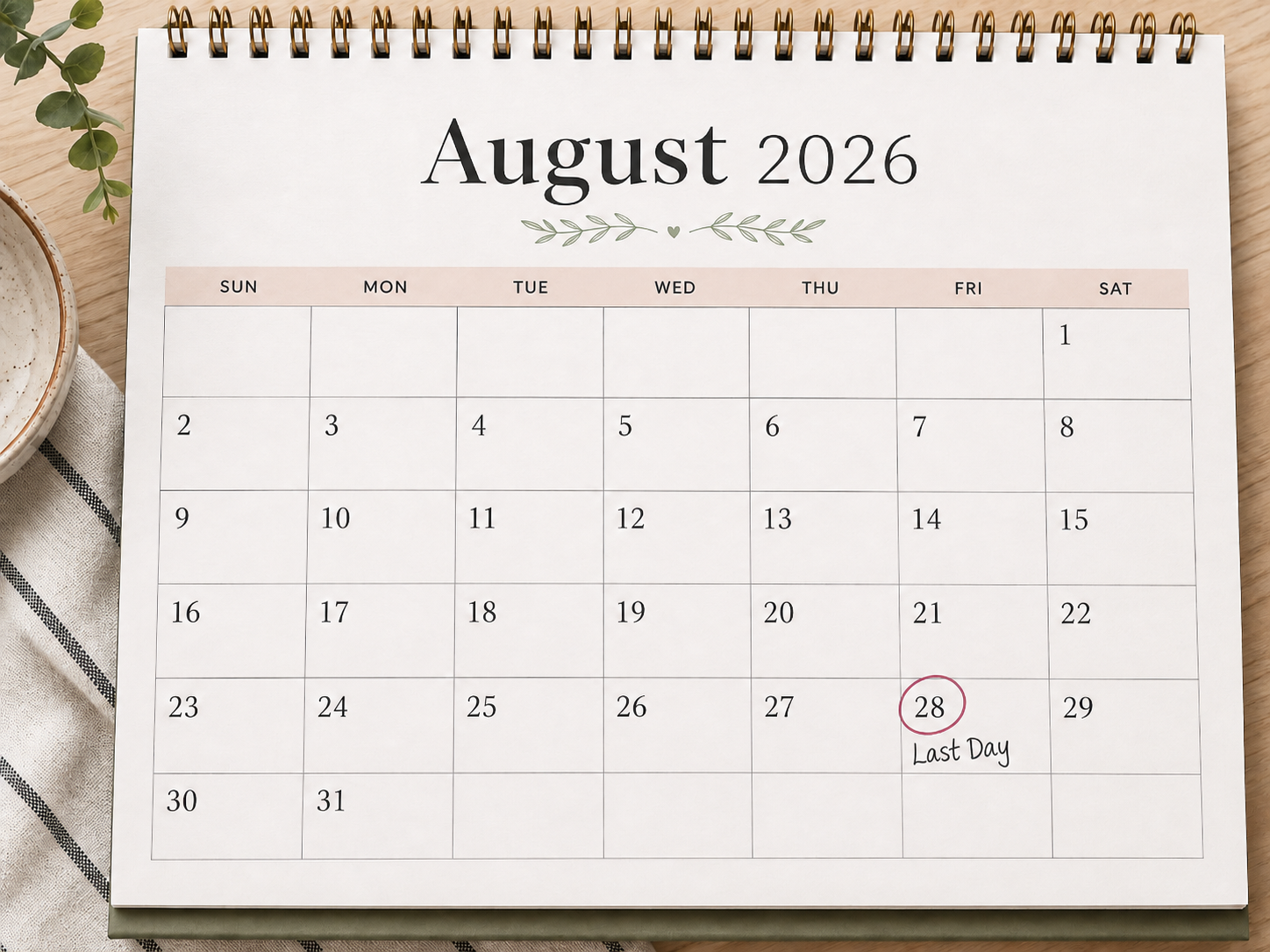 A calendar with Friday circled, marking a last day of work