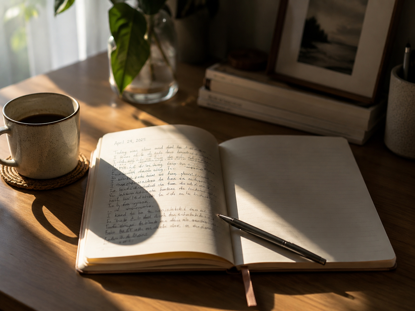 Open journal with a half-written page, soft light